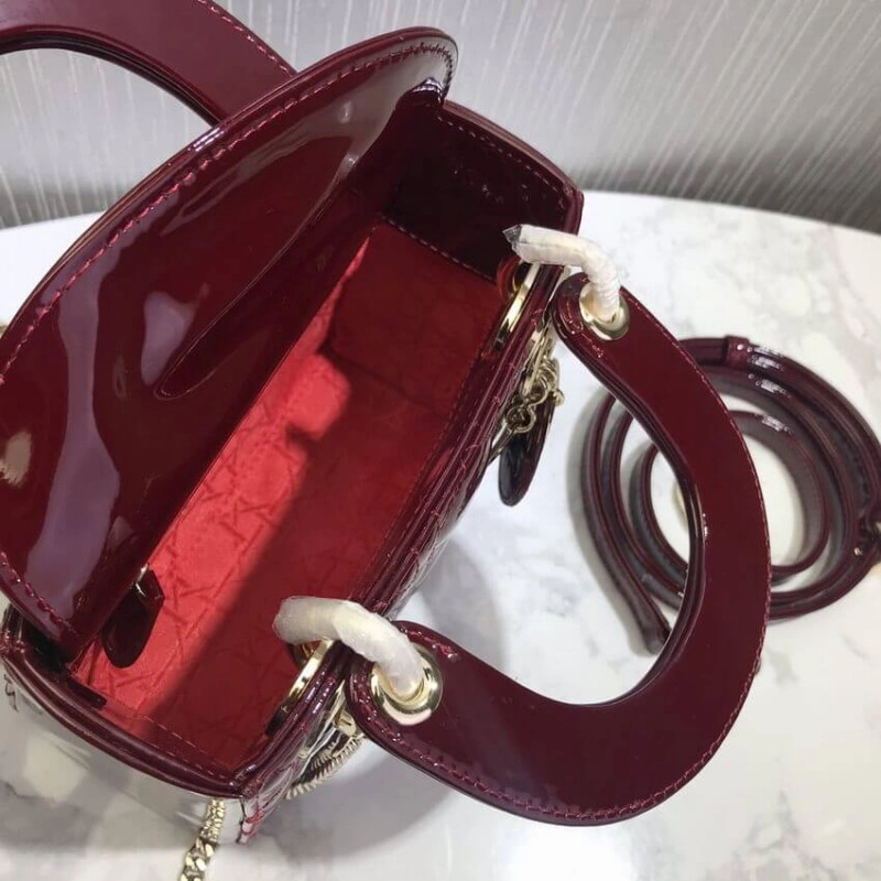 Removable Christian Dior Mini Lady Dior Bag Burgundy Patent Cannage Calfskin - Image 13