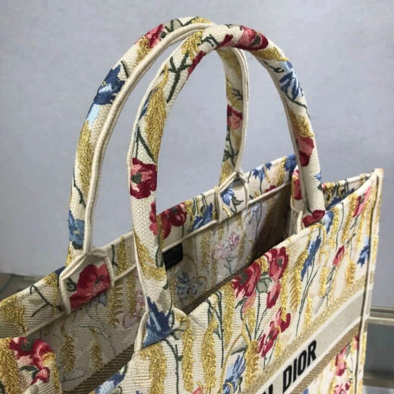 The Dior B Dior Book Tote in Beige Multicolor Hibiscus Metallic Thread Embroidery - Image 8