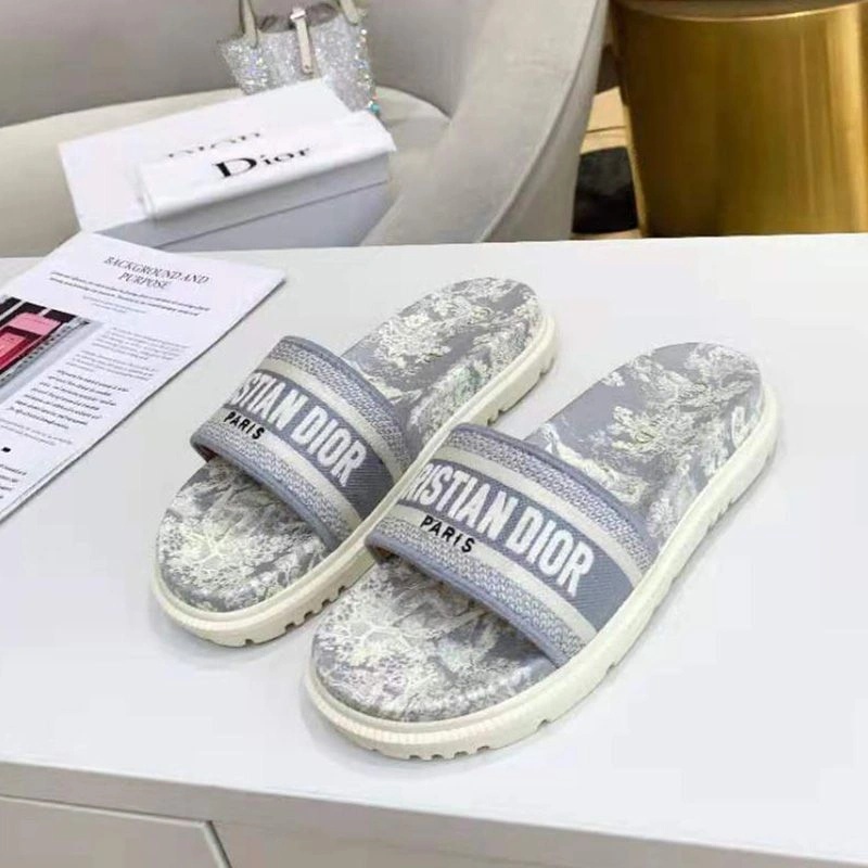 Christian Dior Dway Slides Women Toile De Jouy Motif Cotton Grey - Image 4