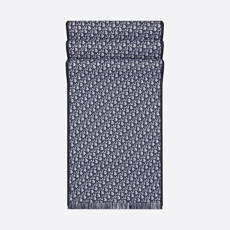 Dior Reversible Scarf University Oblique Motif Silk and Wool Navy Blue - Image 3