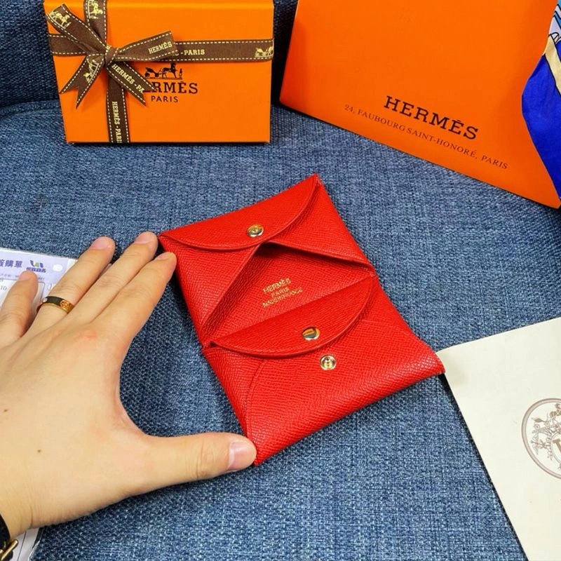 Hermes Calvi Card Holder Epsom Leather Gold Hardware In Red - Image 3