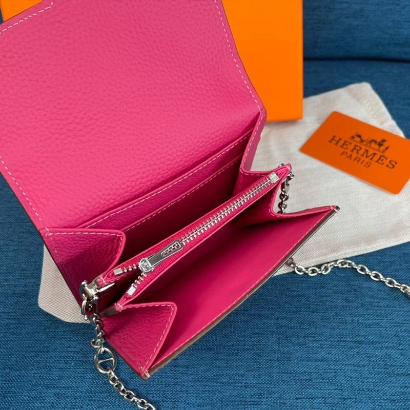 Hermes Constance Compact Wallet with Chain Togo Leather Palladium Hardware In Rose - Image 3