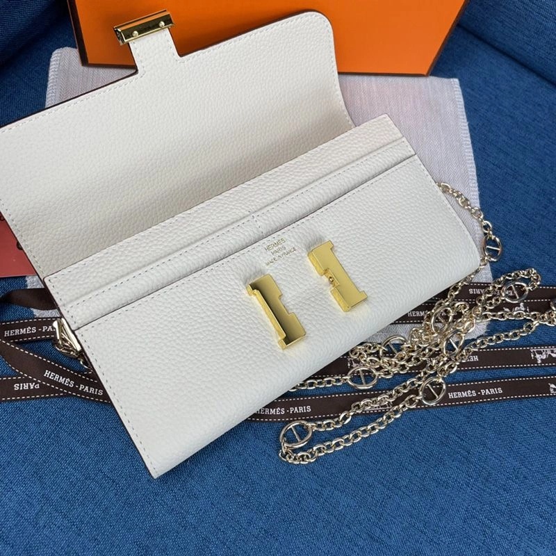 Hermes Constance Wallet with Chain Togo Leather Gold Hardware In White - Image 3