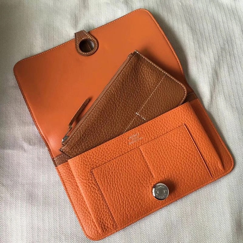 Hermes Dogon Duo Wallet Color Blocking Togo Leather Palladium Hardware In Orange Brown - Image 3