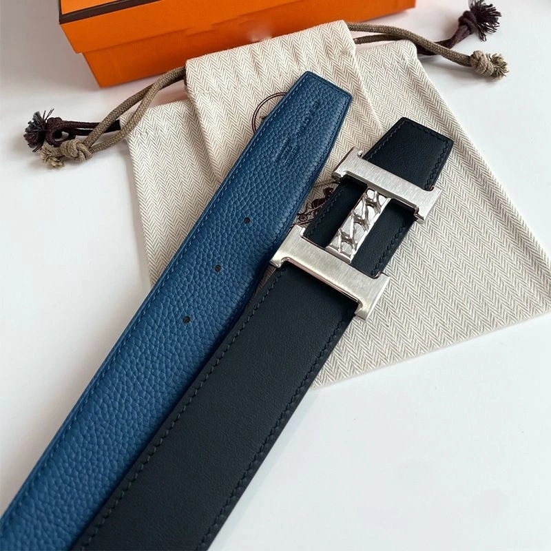 Hermes H Gourmette 38 Reversible Belt Leather In Black Blue - Image 4
