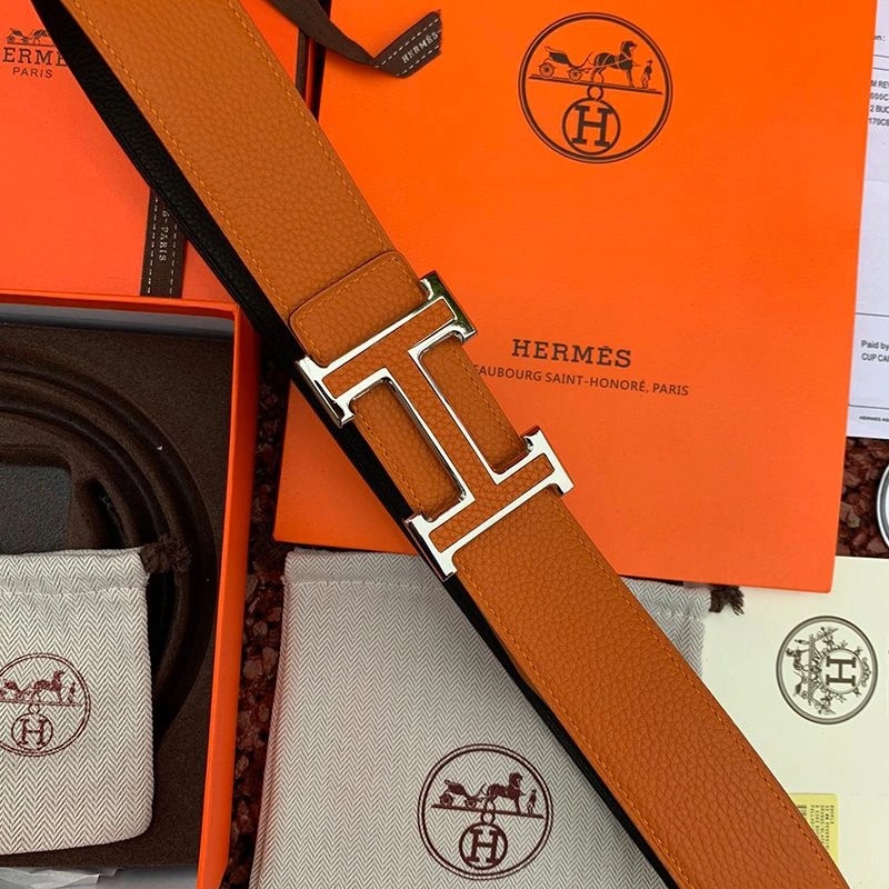 Hermes H Leather Buckle 38MM Reversible Belt Togo Leather In Brown Silver - Image 3