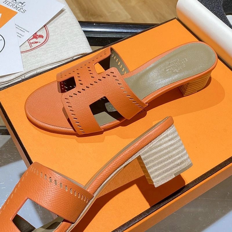 Hermes Oasis Slides Women Hollow Leather In Orange - Image 3