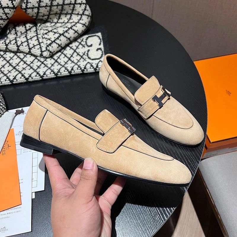 Hermes Paris Loafers Women Suede with H Buckle In Khaki - Image 3