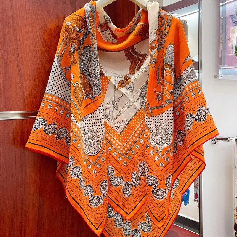 Hermes Zouaves Et Dragons Bandana Shawl 140 In Orange - Image 3