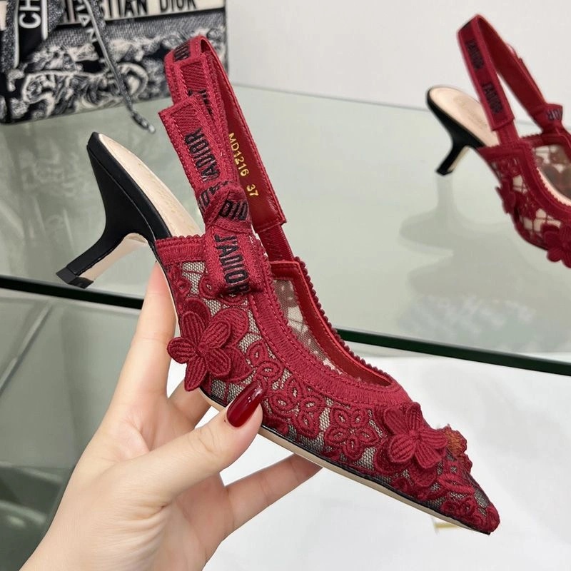 J'Adior Slingback Pumps Women 3D D-lace Motif Transparent Mesh Red - Image 4