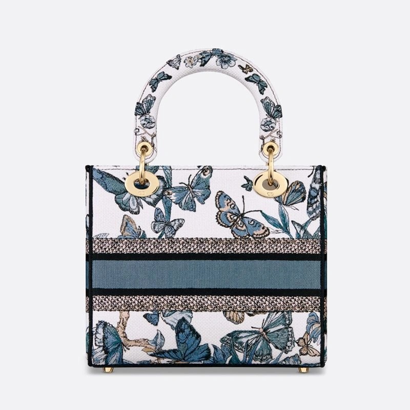 Medium Lady D-lite Bag Toile de Jouy Mexico Motif Canvas White Blue - Image 3