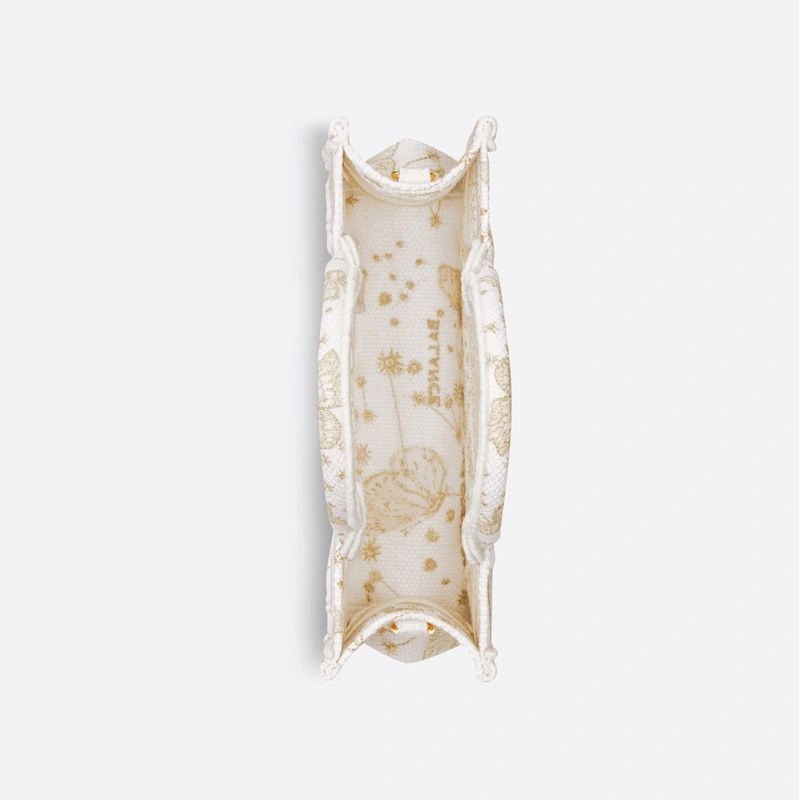 Mini Dior Book Tote with Strap Butterfly Zodiac Motif Canvas White Gold - Image 4